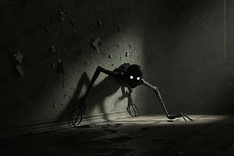 Creepy Creature in Dark Room Horror Background with Glowing