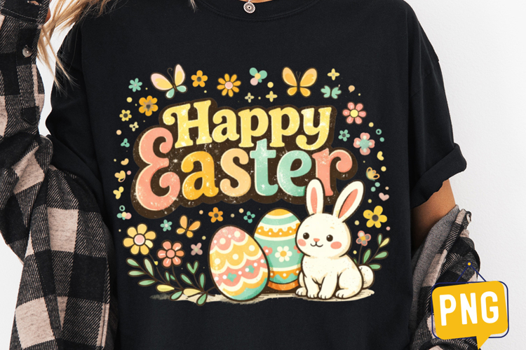 Happy Easter Bunny Eggs Floral Retro PNG Sublimation Design