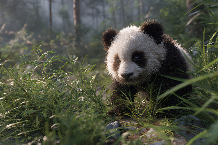 Cute Baby Panda in Forest Nature Background Art