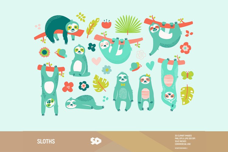 Sloths clipart, sloth clip art, party kids clipart. Stickers example image 1