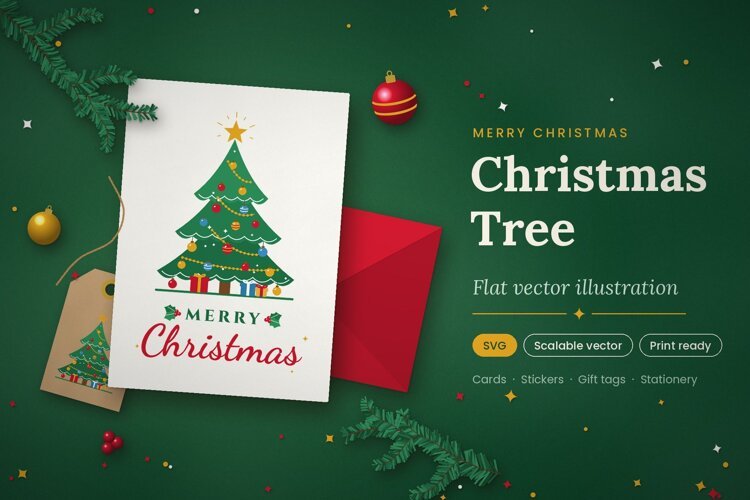 Flat Merry Christmas Tree SVG example image 1
