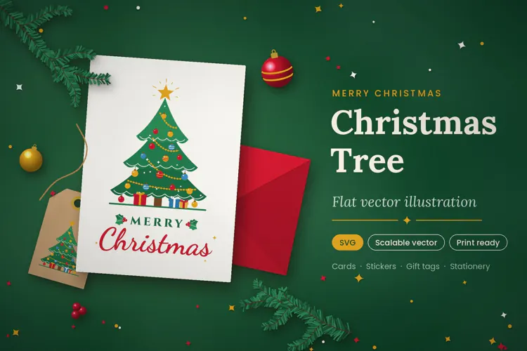 Flat Merry Christmas Tree SVG