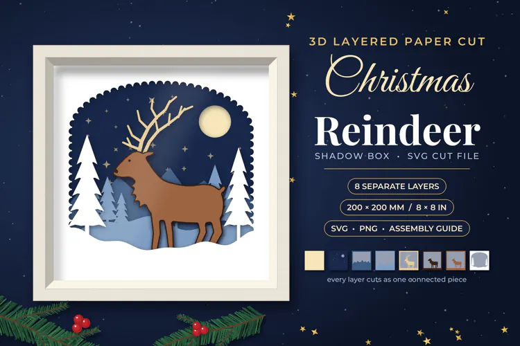 3D Layered Christmas Reindeer SVG