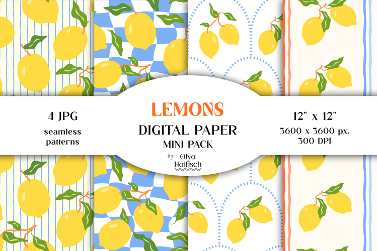 Summer Lemon Digital Papers. Mediterranean Seamless Patterns