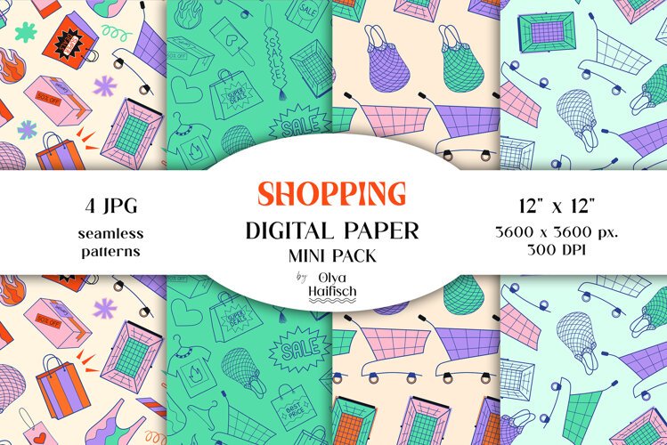 Shopping Seamless Patterns. Retail Doodles Digital Papers example image 1