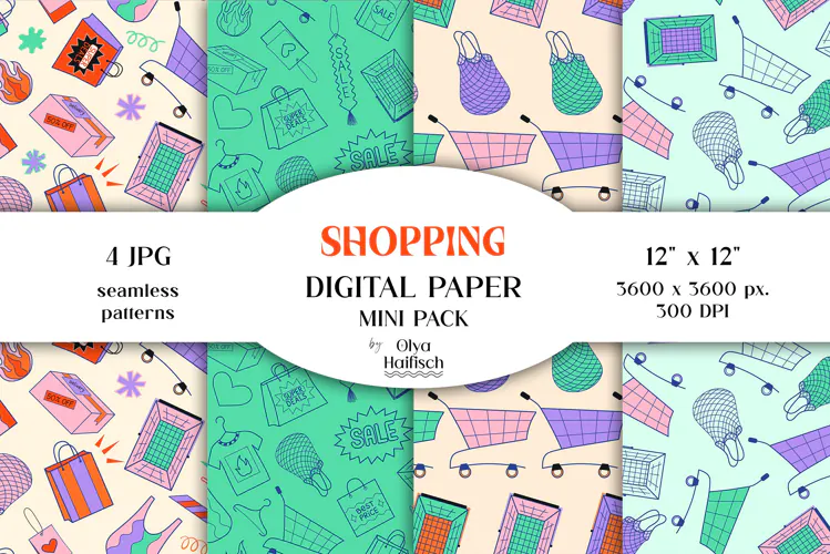 Shopping Seamless Patterns. Retail Doodles Digital Papers