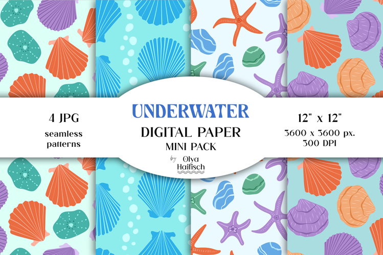 Underwater Digital Papers. Cute Seashells Seamless Patterns