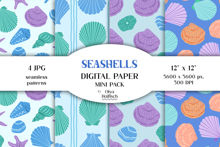 Seashells Digital Papers. Underwater Seamless Patterns