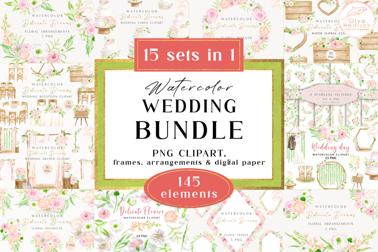 Watercolor Wedding Bundle. Floral Clipart, Wedding Arch PNG