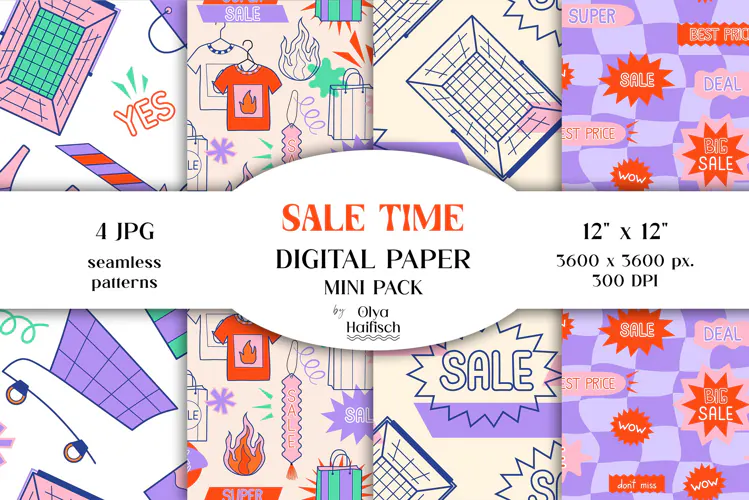 Shopping Seamless Patterns. Sale Promotion Digital Papers