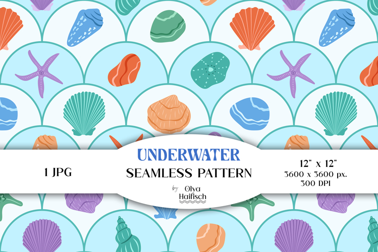 Underwater Digital Paper. Scallop Seashells Seamless Pattern