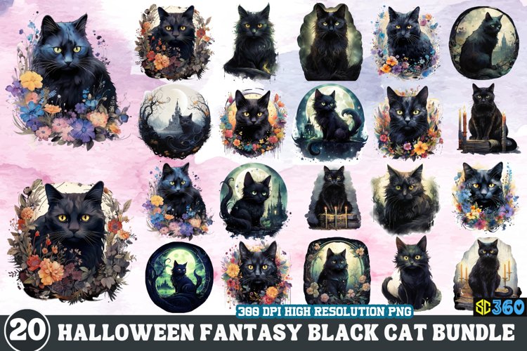 Halloween Fantasy Black Cat Bundle, Halloween Watercolor Cat example image 1