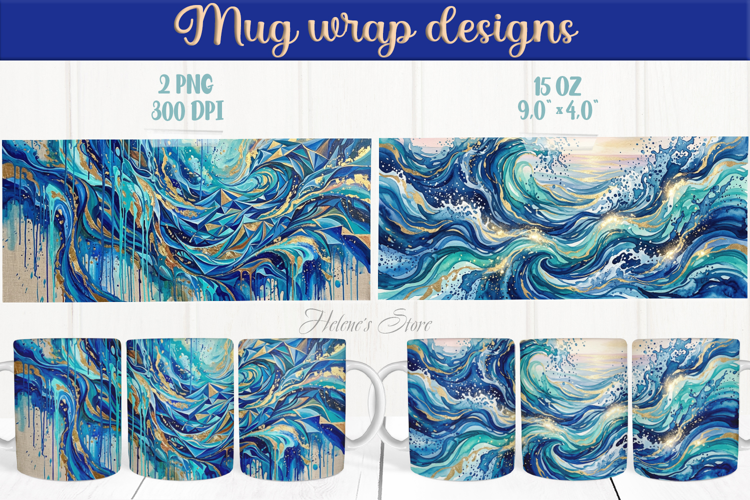 Ocean waves mug wrap designs| Abstract sea painting png