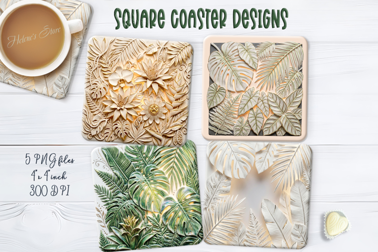 3D ceramic tropical leaves square coasters design png