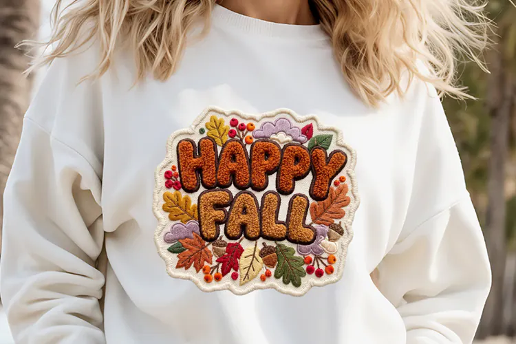 Happy Fall Chenille Embroidered Patch Puffy Autumn Design