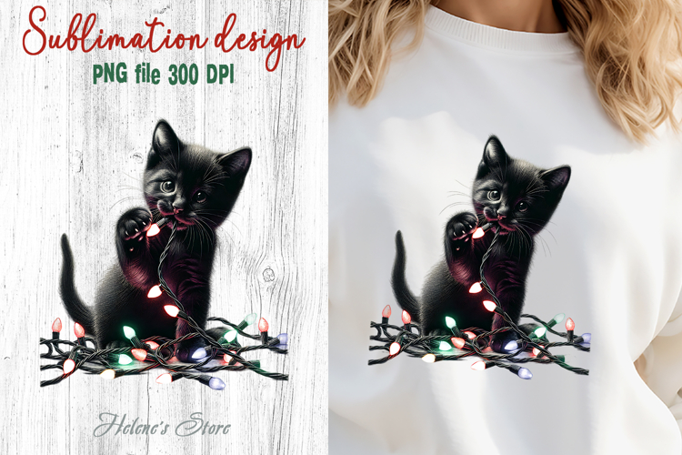 Christmas lights & black cat clipart| Winter t shirt designs