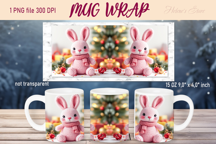 Pink Crochet Yarn bunny Christmas mug wrap 15 oz png design