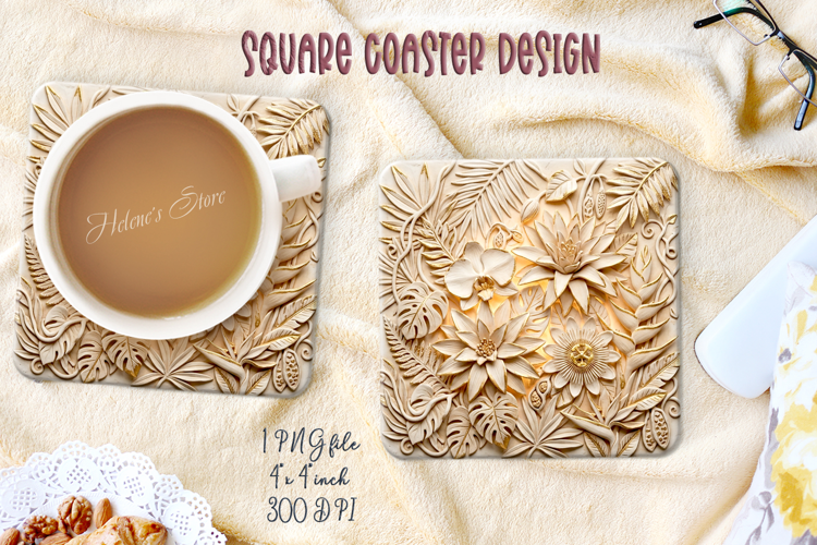 3D ceramic tropical leaves square coasters design png