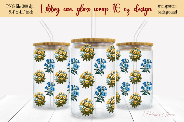 Vintage floral pattern Libbey Can Glass Wrap 16oz design png