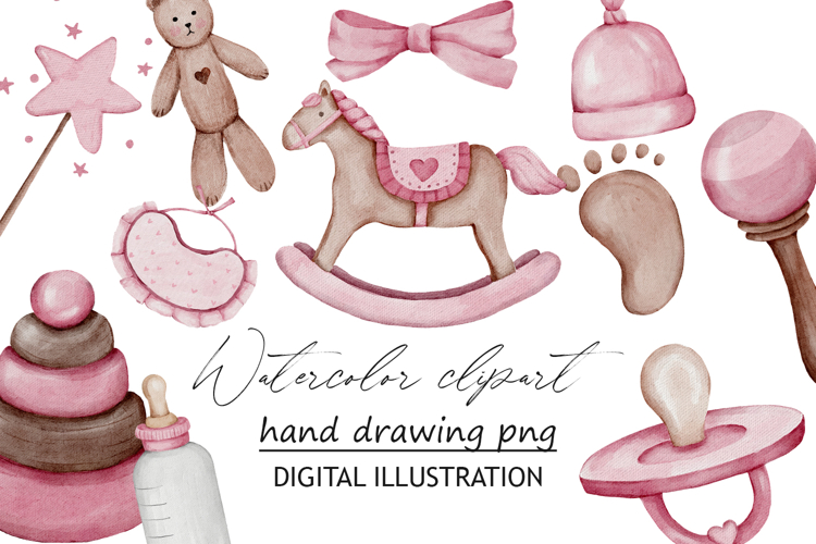 Pink baby toys clipart watercolor png