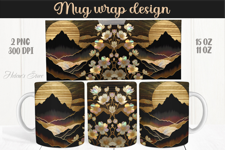 Fantasy mountains iridescent design mug wrap 15oz 11oz png