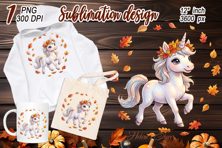 Cute Autumn Unicorn sublimation design| Fantasy fall clipart