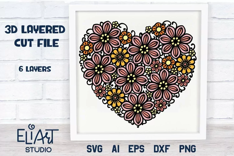 3d SVG Floral Heart | Layered SVG Valentine Heart Cut File