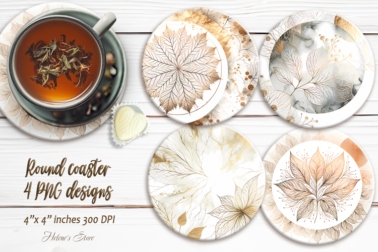 Gold Autumn Leaves round coaster sublimation designs png