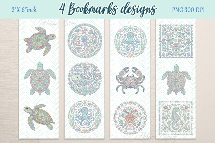 Pastel sea life pattern Printable bookmark png |4 Book craft