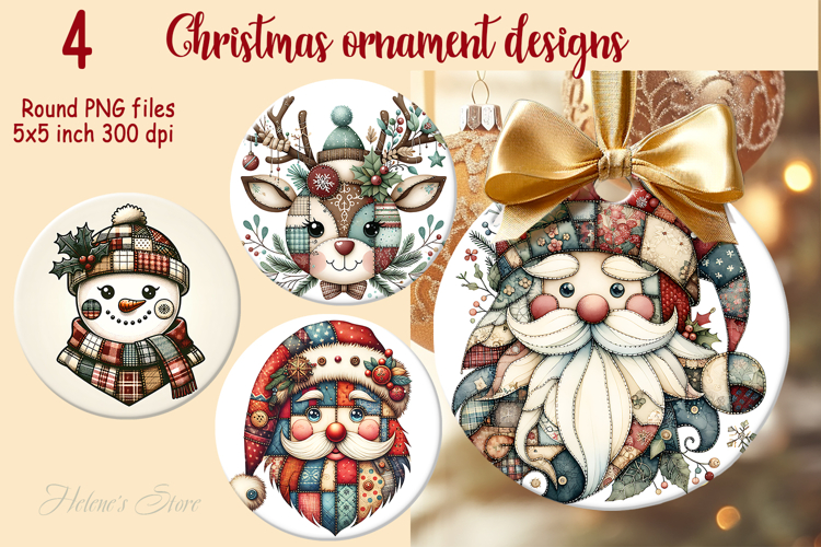 Christmas patchwork round ornament sublimation designs PNG