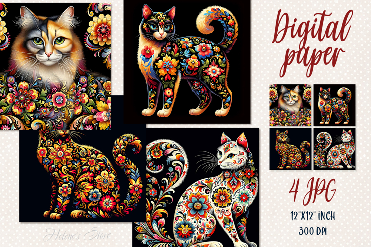 Folk floral cat black digital papers jpeg | Scrap booking
