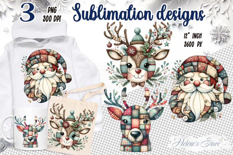 Santa Claus clipart | Retro patchwork deer shirt designs png example image 1