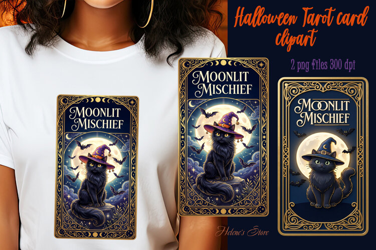 Black Halloween Cat sublimation design| Tarot card clipart example image 1