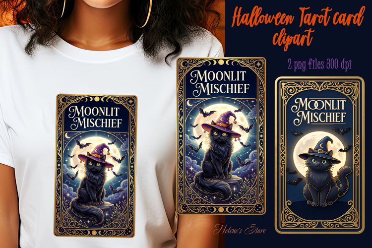 Black Halloween Cat sublimation design| Tarot card clipart