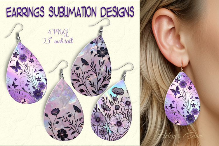 Floral lilac iridescent earrings sublimation designs png