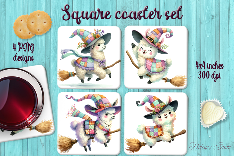 Patchwork Halloween llama square coaster sublimation png