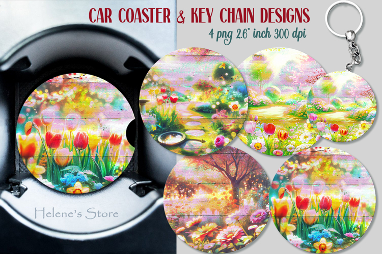 Spring round key chain designs | Blooming garden Car coaster