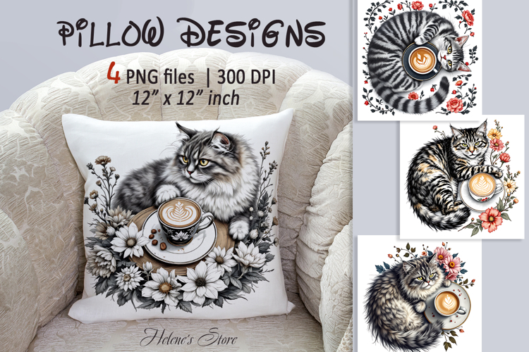 Coffee and cat in flowers sublimation pillow case designs
