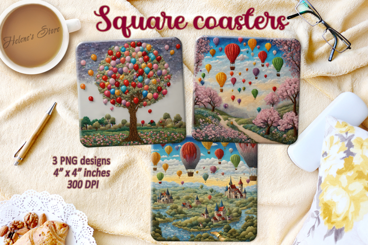 Hot Air Balloon coaster| Square coasters Sublimation Design