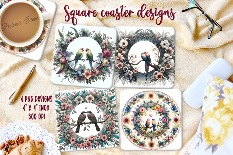 Lover birds on round floral frame square coaster design png