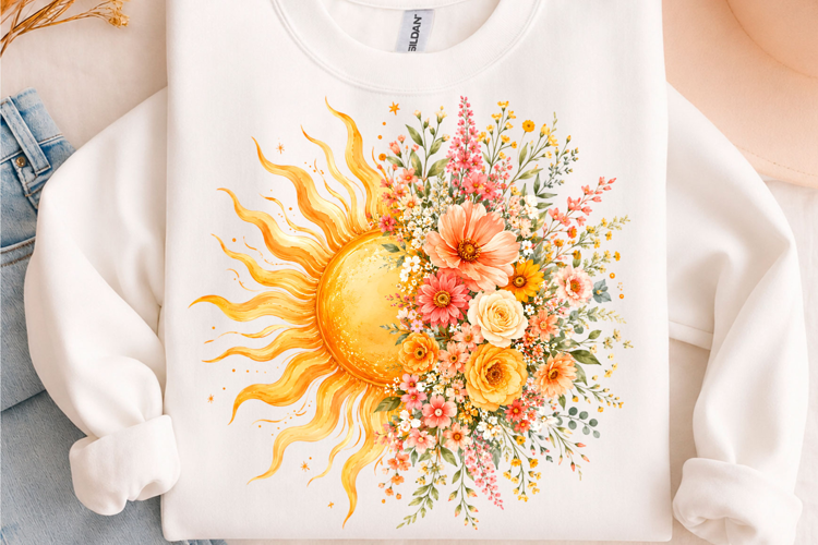 Boho Floral Sun Watercolor PNG