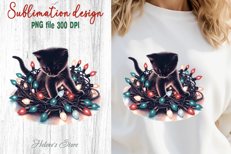 Christmas lights & black cat clipart| Winter t shirt designs