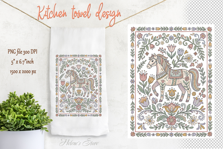 Cute pastel folk horse floral pattern kitchen towel design