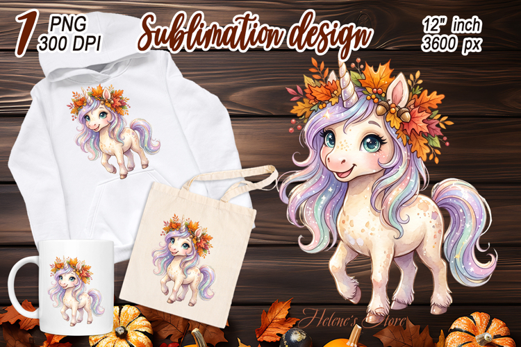 Cute Autumn Unicorn sublimation design| Fantasy fall clipart