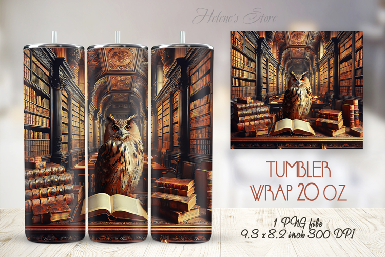 Owl in wooden library straight skinny tumbler 20 oz wrap