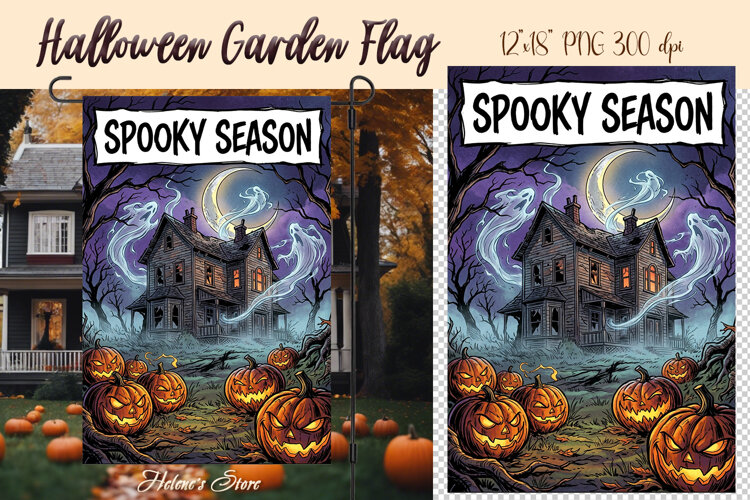 Haunted house sublimation design PNG| Halloween Garden Flag example image 1