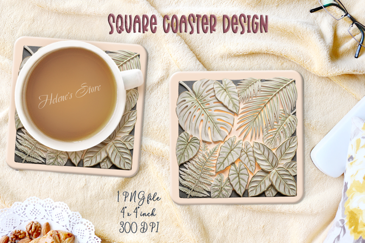 3D ceramic tropical leaves square coasters design png