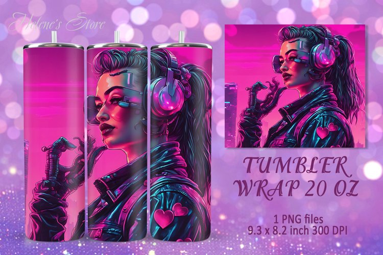 Pink neon cyberpunk girl Valentines tumbler wrap sublimation