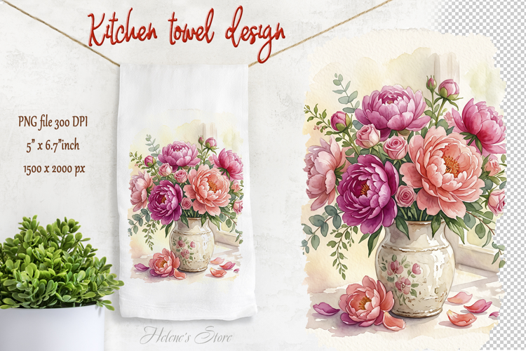 Delicate pink peonies bouquet kitchen towel png |Cute floral