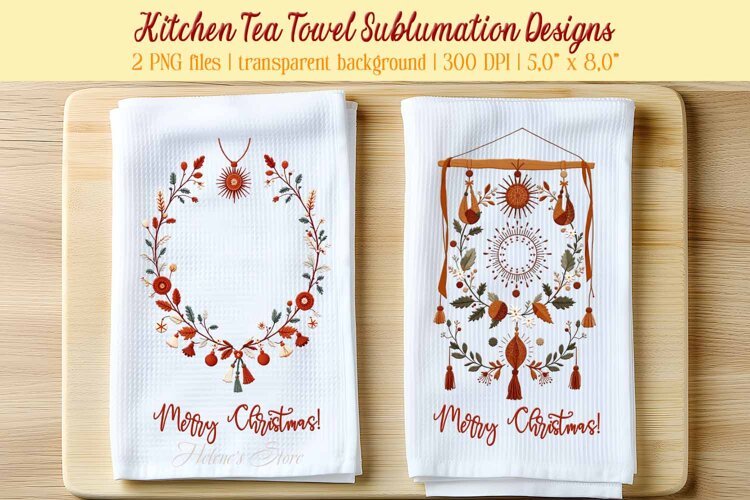 Christmas boho sublimation kitchen tea towel png |Dish towel example image 1
